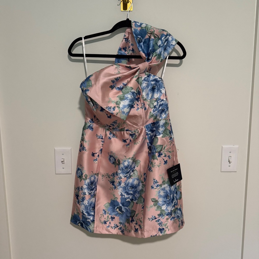 Lulus Pink Blue Floral One Shoulder Bow Mini Dress Medium New With Tags
